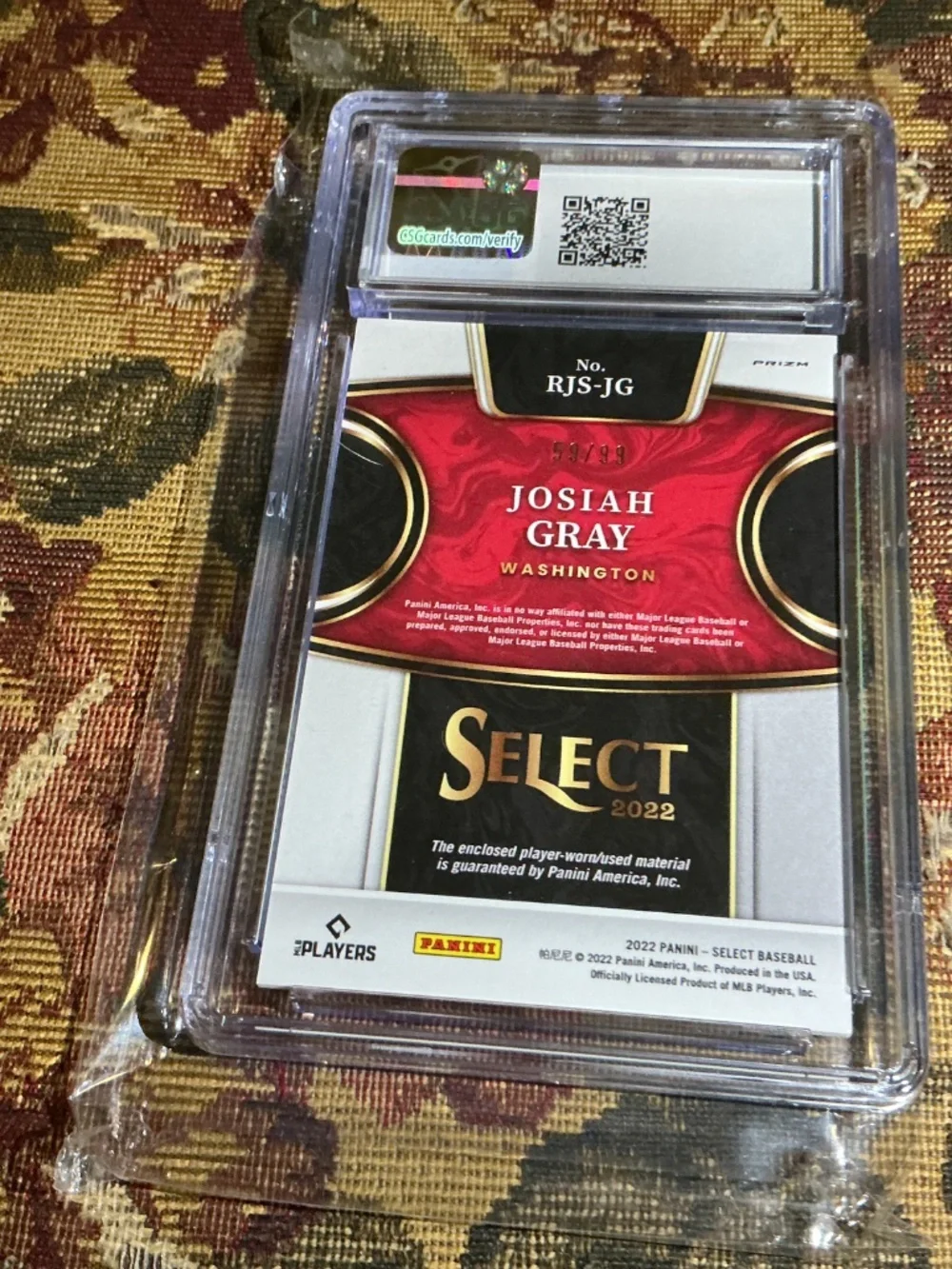 2022 Panini Select Josiah Gray Rookie Jumbo Swatch Jersey Tri-Color /99 CSG 9
